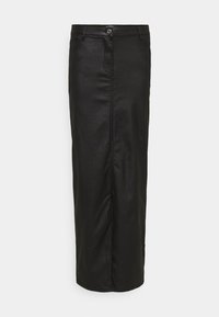 Svart, läderliknande midikjol med en figursydd design, frontdragkedja och knappstängning. Har två sidofickor och en rak nederkant.