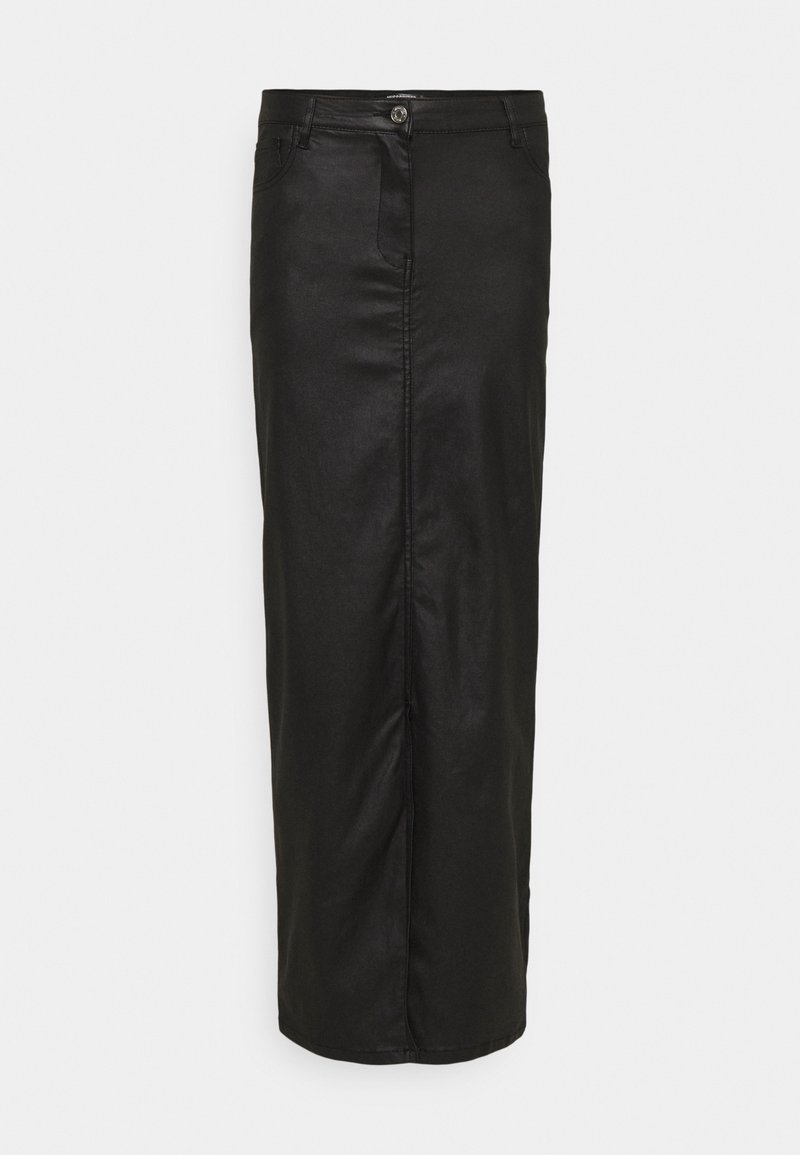 Svart, läderliknande midikjol med en figursydd design, frontdragkedja och knappstängning. Har två sidofickor och en rak nederkant.