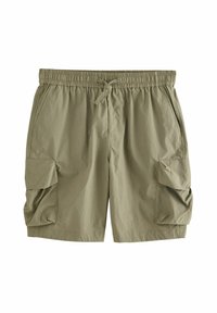 Shorts cargo kaki en tissu léger, dotés d'une taille élastique, d'un cordon de serrage et de deux poches latérales avec rabats.