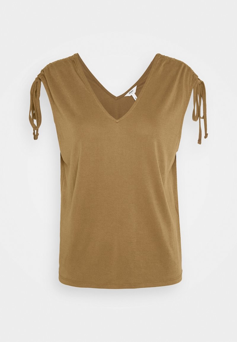 Brown short-sleeve top with a V-neckline, featuring adjustable ties at the shoulders. Made of soft, smooth fabric with a relaxed fit.