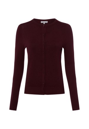 Cardigan violet foncé à manches longues avec boutons, petits points texturés et poignets et ourlet côtelés, avec un col rond.