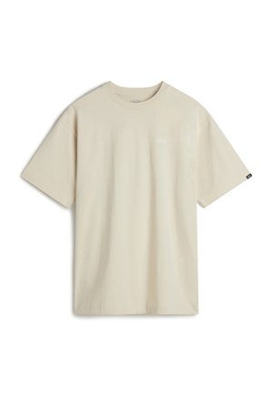 Beige Baumwoll-T-Shirt mit kurzen Ärmeln, Rundhalsausschnitt und kleinem weißen Logo auf der Brust. Glatte Textur mit lässiger Passform.
