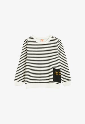 Sorte og hvide stribede sweatshirts med lange ærmer, rund halsudskæring og en sort lomme med gul broderet tekst.