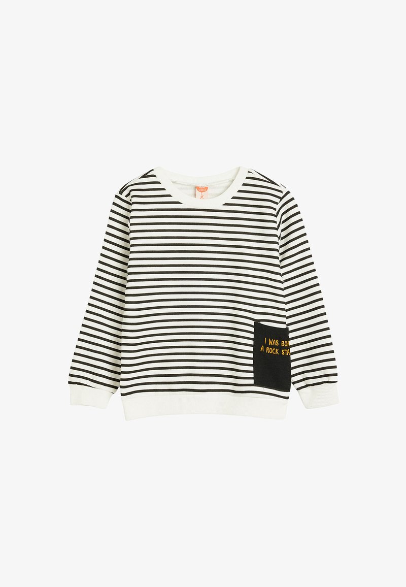 Zwart-witte gestreepte sweatshirt met lange mouwen, ronde halslijn en een zwarte zak met gele geborduurde tekst.