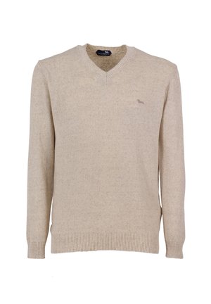 Suéter beige de cuello en V con textura de canalé, mangas largas y un pequeño logo bordado en el lado izquierdo del pecho. Fabricado con tejido suave.