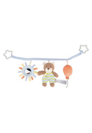 Soft baby stroller toy with a plush bear, circular mirror with colorful rays, and orange balloon attached by a blue strap with star-shaped clips.