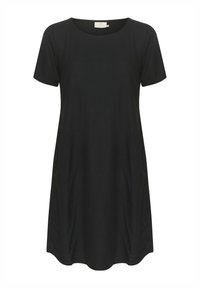 Black short-sleeve dress with a round neckline, featuring a relaxed fit and side pockets, made from smooth fabric with no visible patterns.