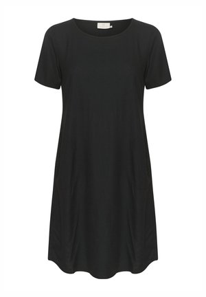 Black short-sleeve dress with a round neckline, featuring a relaxed fit and side pockets, made from smooth fabric with no visible patterns.