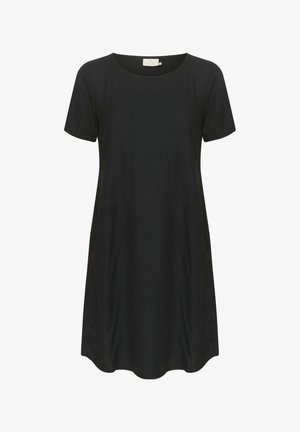 Juodas trumpas rankovėmis suknelė su apvaliu iškirpimu, pasižyminti laisvu siluetu ir šoniniais kišenėmis, pagaminta iš lygios medžiagos be pastebimų raštų.