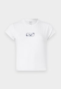 White cotton t-shirt with short sleeves and a round neckline, featuring dark blue "OBEY" graphic text on the front. Smooth texture.