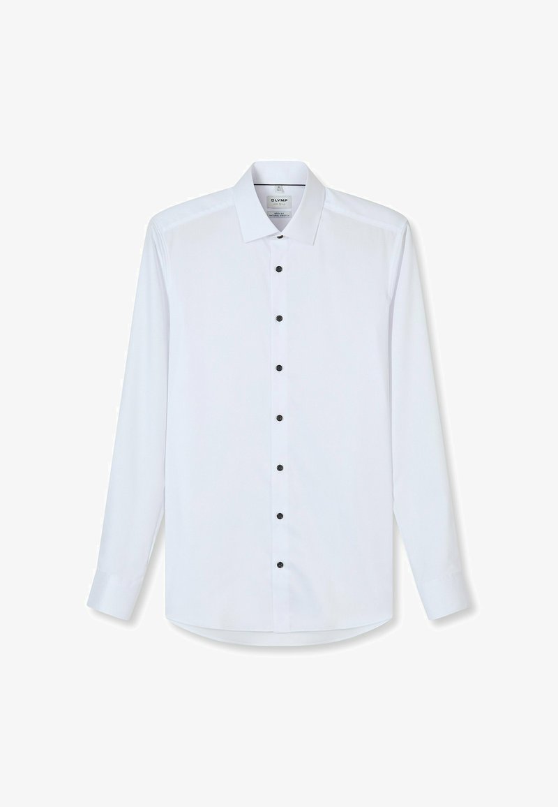 White long-sleeve shirt with a button-down collar, featuring black buttons down the front and a curved hemline. Smooth, crisp fabric.