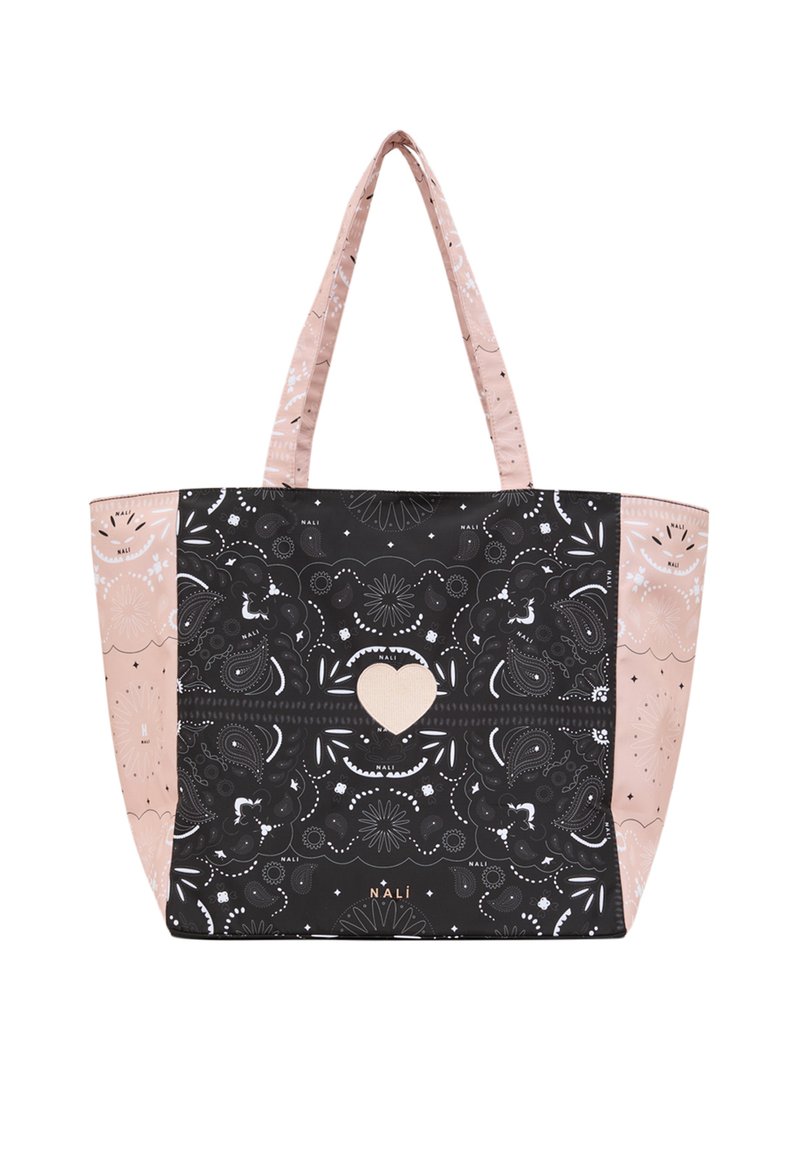 Grand sac fourre-tout en tissu noir avec des motifs blancs intriqués, un motif central en forme de cœur beige et des accents rose pâle sur les côtés.