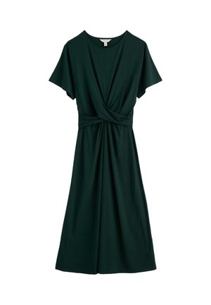 Donkergroene midi-jurk met korte mouwen, ronde halslijn en gedraaide knoopdetail bij de taille.