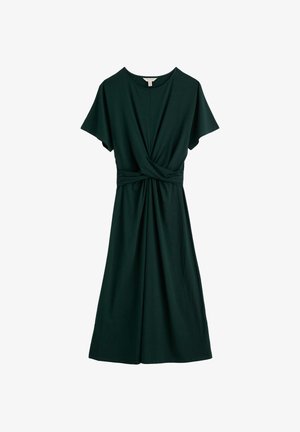 Temno zelena midi obleka s kratkimi rokavi, okroglim izrezom in detajlom z vozlom na pasu.