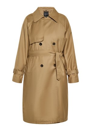 Khakifarbenes Trenchcoat aus glattem Material, doppelreihiges Design mit schwarzen Knöpfen, taillierter Schnitt mit Gürtel und langen Ärmeln mit Knopfdetails.