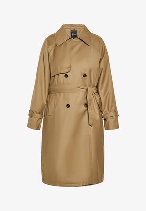 Khakifarbenes Trenchcoat aus glattem Material, doppelreihiges Design mit schwarzen Knöpfen, taillierter Schnitt mit Gürtel und langen Ärmeln mit Knopfdetails.