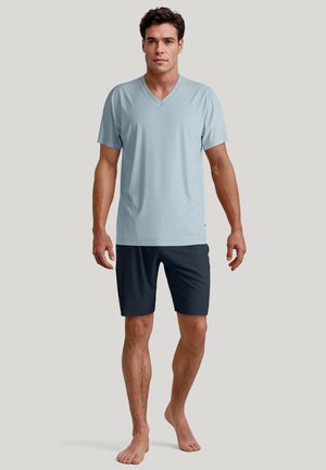 Hemelsblauw V-hals t-shirt, gecombineerd met donkere shorts; korte mouwen, gladde textuur, lichtgewicht stof, minimalistisch ontwerp. Geen print.