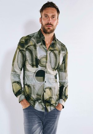 Langarm-Hemd für Herren mit einem kreisförmigen Muster in Grün, Grau und Schwarz, ausgestattet mit einem Button-Down-Kragen und taillierter Passform.