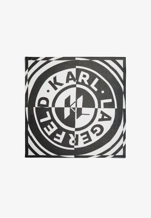 Sort-hvitt kvadratisk tekstil med konsentriske sirkler og teksten "KARL LAGERFELD" rundt en sentral logo som kombinerer bokstavene "K" og "L".