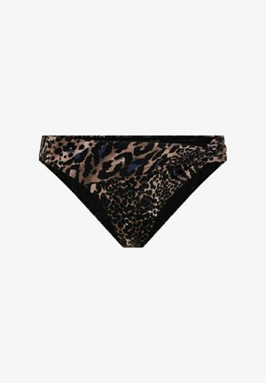 Bikiny s leopardím vzorom, so zloženým dizajnom, prevažne čierne s prírodnými odtieňmi, hladká textúra a zakončené okraje.