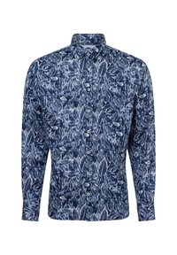 Marineblauwe knoopsluiting shirt met een wit bladerenpatroon, kraag en lange mouwen. Gemaakt van lichtgewicht stof met een gladde textuur.