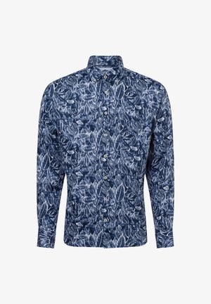 Marineblauwe knoopsluiting shirt met een wit bladerenpatroon, kraag en lange mouwen. Gemaakt van lichtgewicht stof met een gladde textuur.