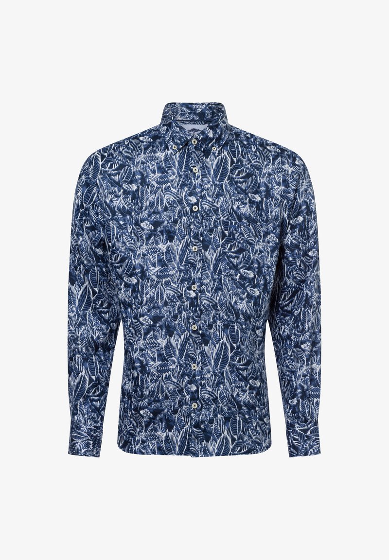 Marineblauwe knoopsluiting shirt met een wit bladerenpatroon, kraag en lange mouwen. Gemaakt van lichtgewicht stof met een gladde textuur.