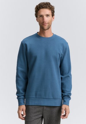 Sinine ümmarguse kaelusega sviiter, mis on valmistatud pehmest kangast, pikki varrukatega ja soonikservaga. Minimalistlik disain, ilma nähtavate mustriteta.