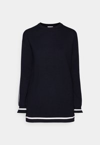 Pull en maille bleu marine avec un col rond, des manches longues et des rayures blanches contrastantes sur les poignets et l'ourlet. Texture douce, coupe décontractée.