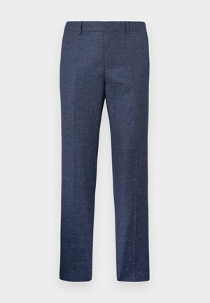 Marineblå bukser laget av et teksturert stoff, med rette ben, flat front og to sidelommer. Ingen synlige mønstre eller detaljer.