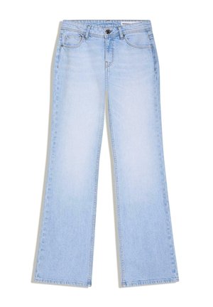 Světle modré džíny s rovnými nohavicemi, zapínáním na knoflíky a zip vpředu, poutky na pásek a pět kapes.