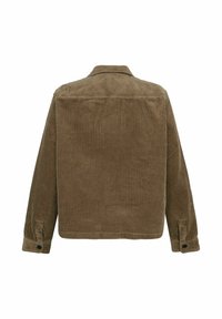 Veste en côtes de velours brun avec une texture en relief. Elle présente un col classique et des poignets boutonnés, conçue avec un dos droit.
