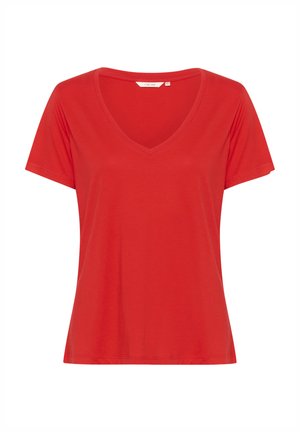 Rode V-hals T-shirt gemaakt van zachte stof, met korte mouwen en een ontspannen pasvorm. Eenvoudig ontwerp zonder patronen of aanvullende accenten.