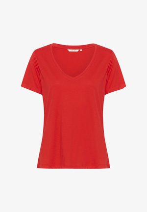 T-shirt rouge à col en V fabriqué en tissu doux, avec des manches courtes et une coupe décontractée. Design simple sans motifs ni accents supplémentaires.
