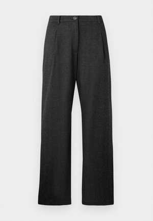 Donkergrijze high-waist broeken met een knoopsluiting, plooien aan de voorkant, riemlussen en brede rechte pijpen.