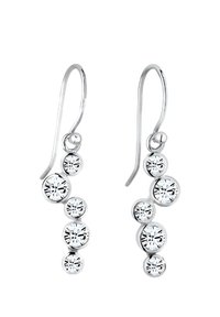 Boucles d'oreilles en argent au design en cascade, ornées de plusieurs cristaux transparents de tailles variées, réfléchissant la lumière avec une finition brillante.