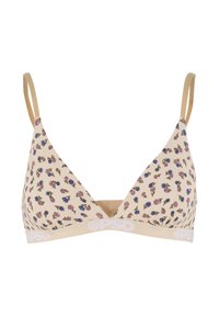 Světle béžová triangle podprsenka s tenkými nastavitelnými ramínky a drobným modro-růžovým květinovým vzorem, elastický pásek s bílým logem PSD na spodní části.