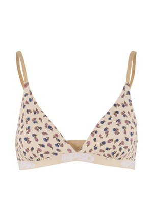 Beżowy biustonosz trianglowy z cienkimi, regulowanymi ramiączkami oraz małym niebiesko-różowym wzorem kwiatowym, elastyczny pas z białym logo PSD na dole.