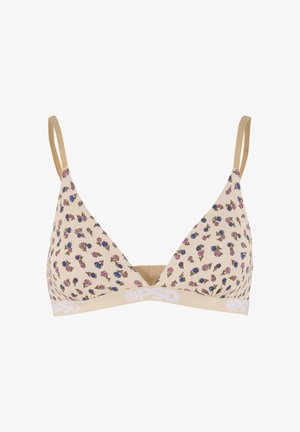 Beżowy biustonosz trianglowy z cienkimi, regulowanymi ramiączkami oraz małym niebiesko-różowym wzorem kwiatowym, elastyczny pas z białym logo PSD na dole.