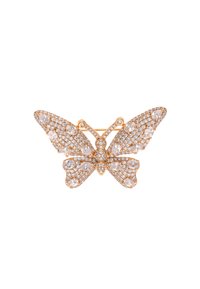 Arany színű pillangó bross, tiszta strasszokkal d�íszítve, részletes szárnyakkal és középső testformával.