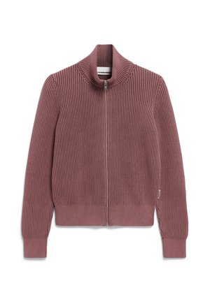 Mauve ribbed knit sweater with full front zipper, long sleeves, and a high collar.