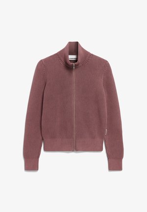 Mauve geribde gebreide trui met volledige ritssluiting aan de voorkant, lange mouwen en een hoge kraag.