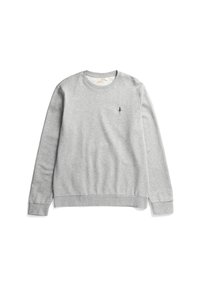 Grauer Baumwoll-Sweatshirt mit Rundhalsausschnitt, langen Ärmeln und gerippten Bündchen, mit einem kleinen schwarzen Baum-Logo auf der Brust.