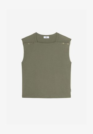 Top sans manches en coton vert avec un col arrondi, accents décoratifs dorés sur les épaules et une ourlet droit. Texture douce et coupe décontractée.