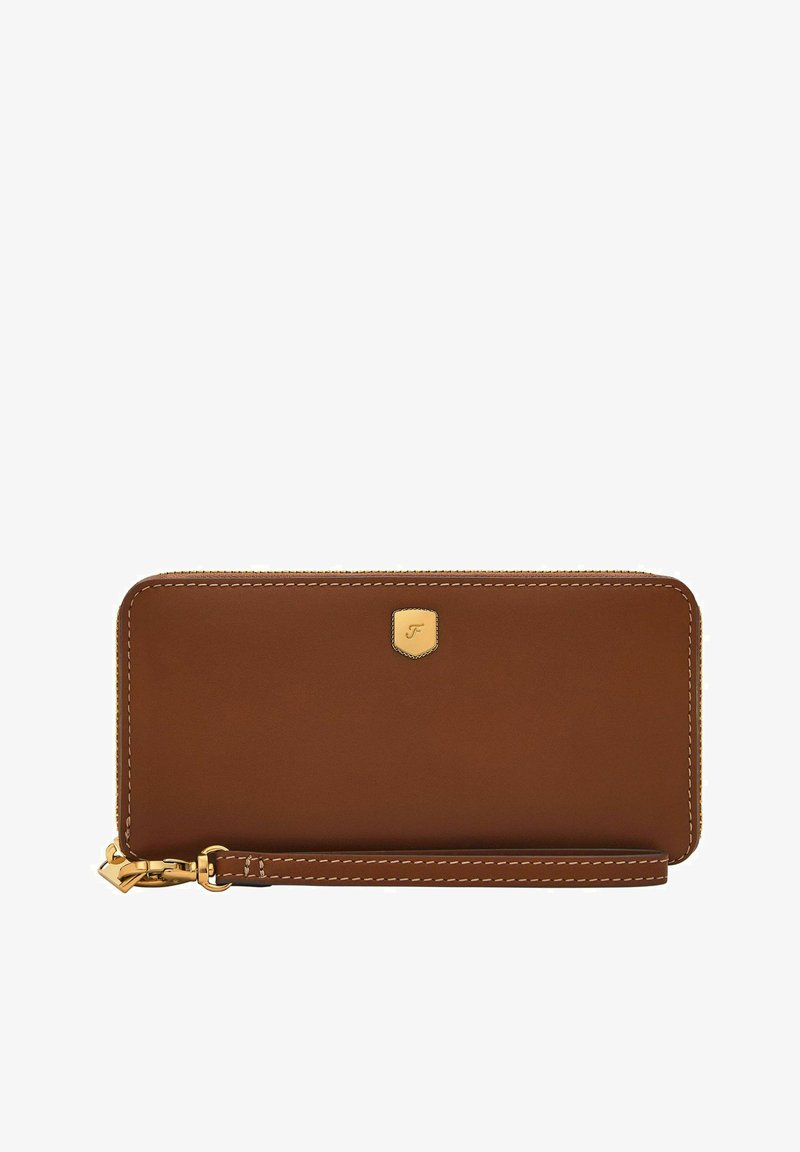 Brown leather wallet with a smooth texture, gold zipper, and matching wrist strap. Features a subtle logo badge on the front.