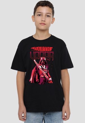 Black cotton t-shirt featuring a graphic of Darth Vader in red and white with a lightsaber, text reading "DARTH VADER" above the image.