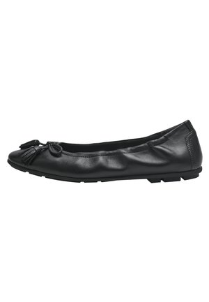 Schwarze Leder-Ballettschuhe mit abgerundetem Zehenbereich, gerafften Details und einer dekorativen Schleife mit Quasten. Die flache Sohle bietet unterstützende Niedrigprofil.
