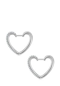 Heart-shaped silver earrings featuring a smooth finish and adorned with small, clear gemstones along one edge.