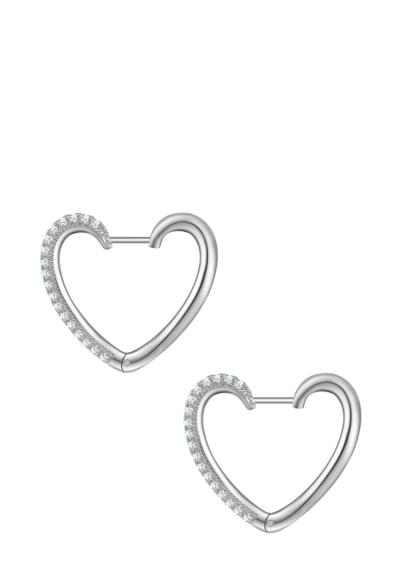 Uhani v obliki srca iz srebra z gladkim zaključkom, okrašeni z majhnimi, prozornimi dragulji ob enem robu.