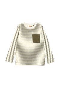 Langsleeve gestreept shirt in crème en olijfgroen. Beschikt over dunne horizontale strepen en een effen olijfgroene borstzak. Zacht katoen materiaal.